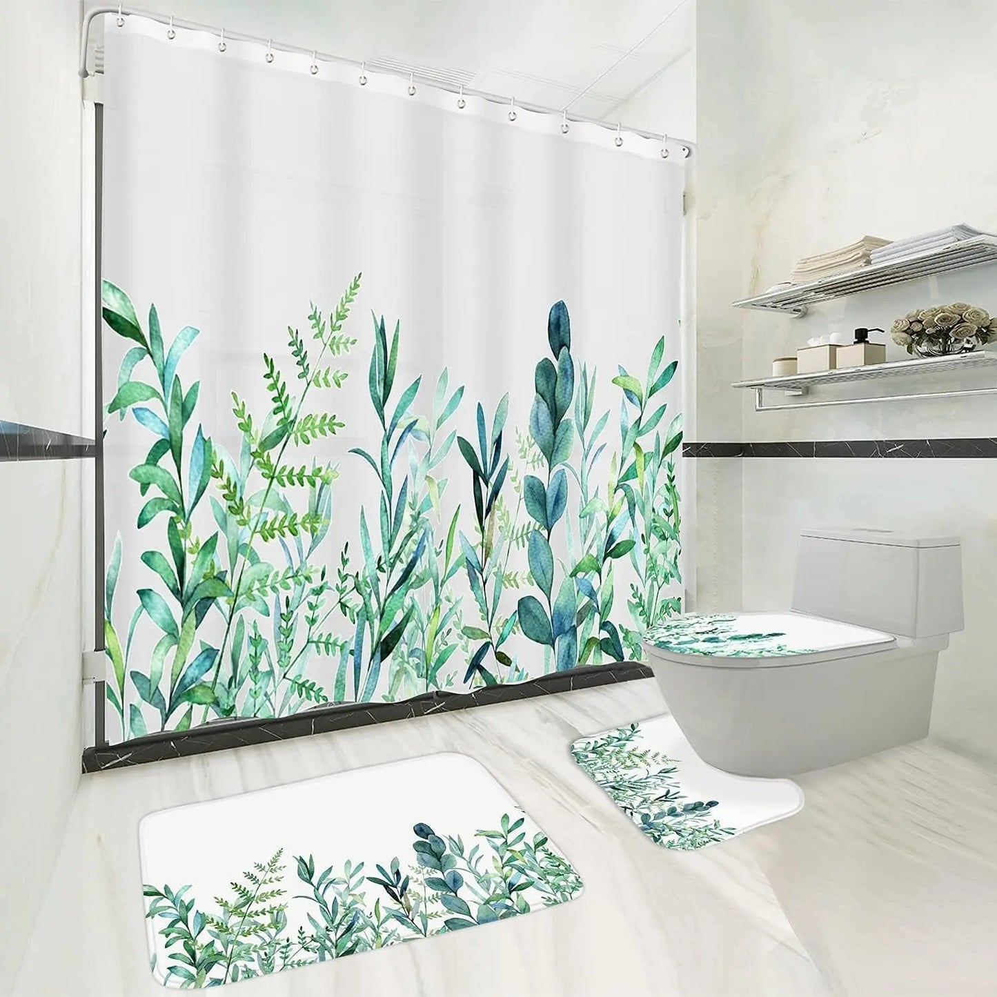 Floral Shower Curtain Set with Non Slip Bathroom Rugs and Toilet Lid Cover, Teal Plant Fabric Shower Curtain with 12 Hooks, Waterproof White and Blue Leaf Nature Rustic Bath Curtain (Green Floral Set)