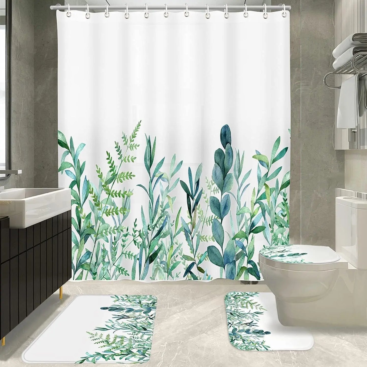 Floral Shower Curtain Set with Non Slip Bathroom Rugs and Toilet Lid Cover, Teal Plant Fabric Shower Curtain with 12 Hooks, Waterproof White and Blue Leaf Nature Rustic Bath Curtain (Green Floral Set)
