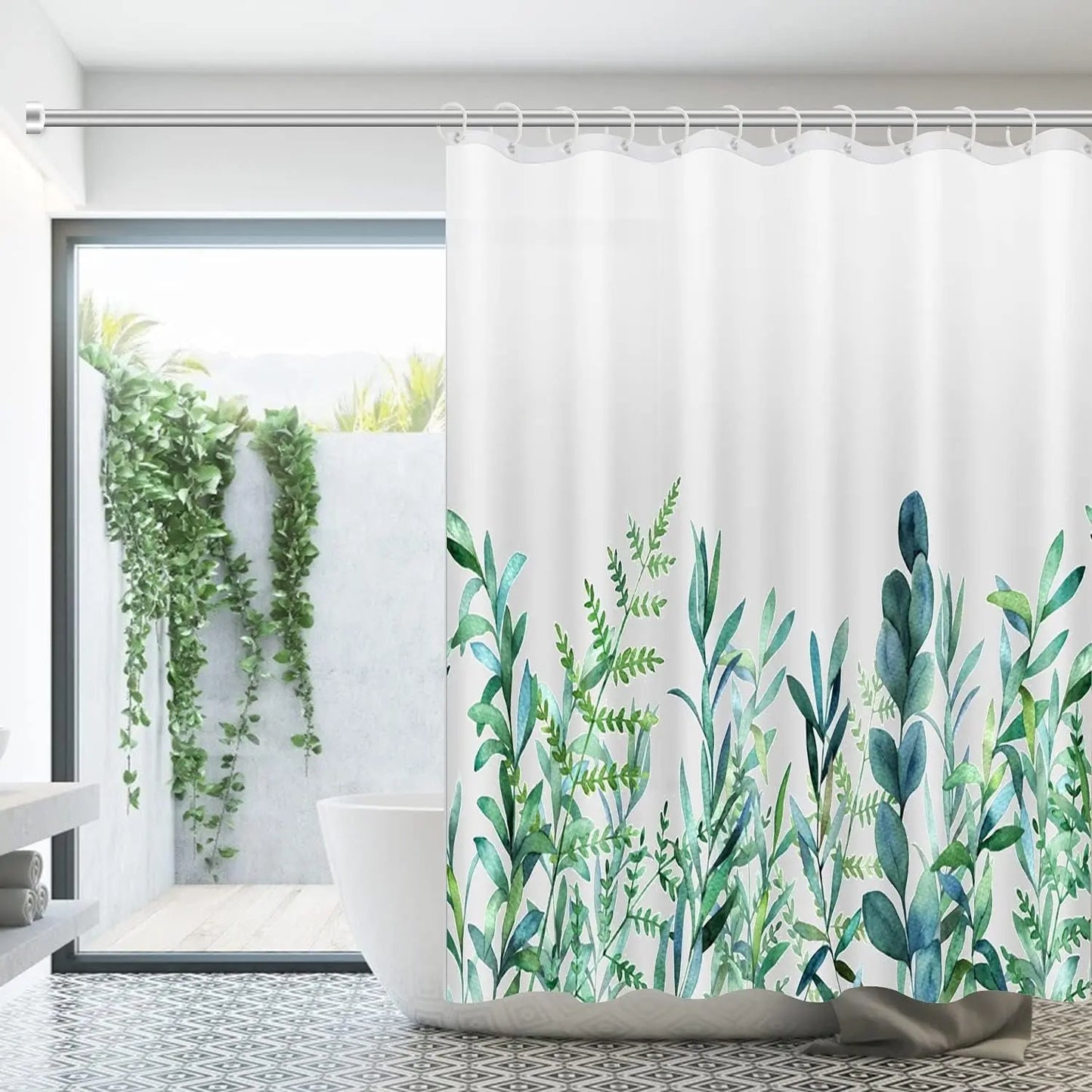 Floral Shower Curtain Set with Non Slip Bathroom Rugs and Toilet Lid Cover, Teal Plant Fabric Shower Curtain with 12 Hooks, Waterproof White and Blue Leaf Nature Rustic Bath Curtain (Green Floral Set)