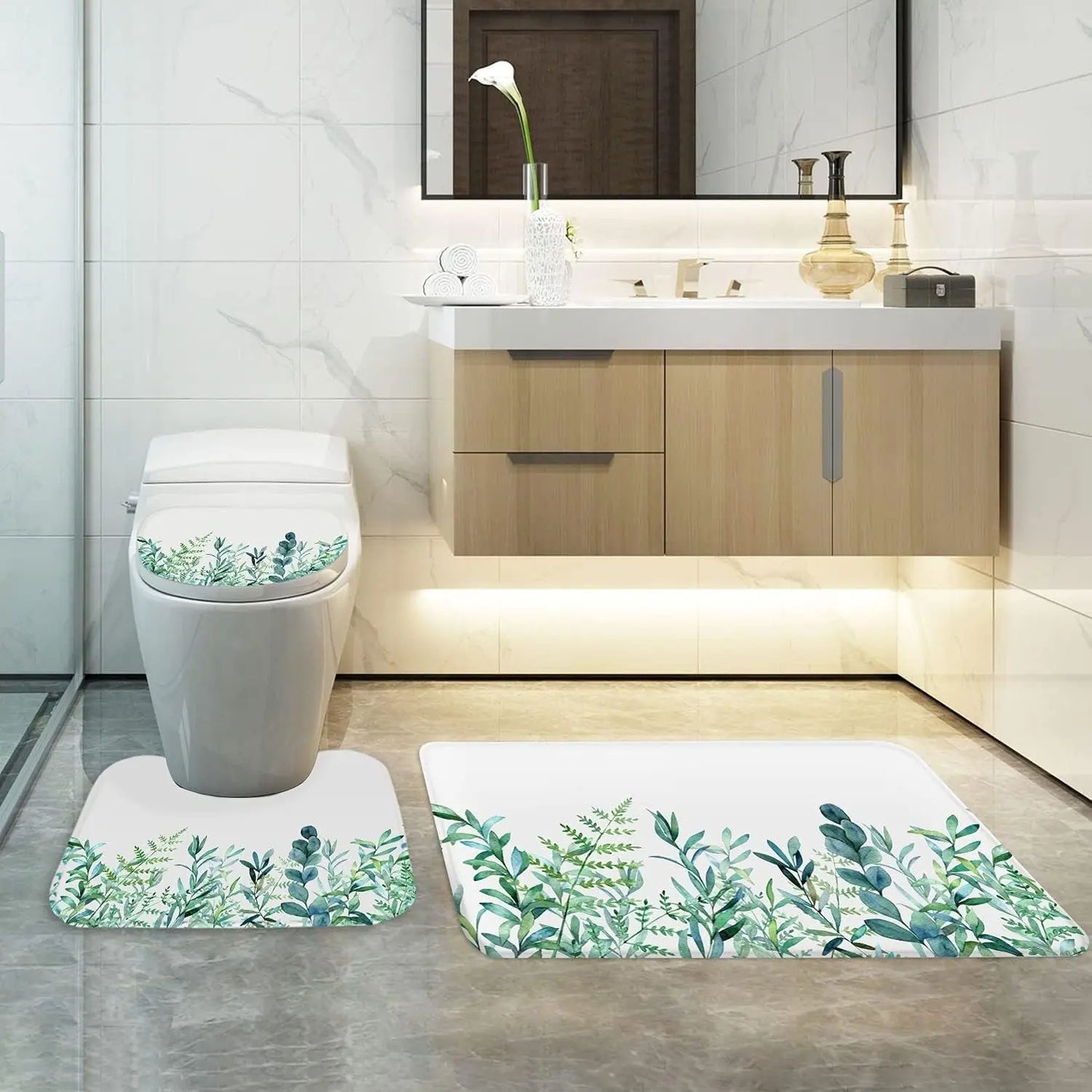 Floral Shower Curtain Set with Non Slip Bathroom Rugs and Toilet Lid Cover, Teal Plant Fabric Shower Curtain with 12 Hooks, Waterproof White and Blue Leaf Nature Rustic Bath Curtain (Green Floral Set)