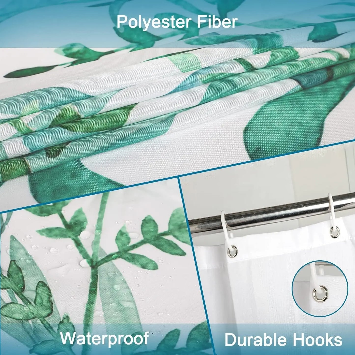 Floral Shower Curtain Set with Non Slip Bathroom Rugs and Toilet Lid Cover, Teal Plant Fabric Shower Curtain with 12 Hooks, Waterproof White and Blue Leaf Nature Rustic Bath Curtain (Green Floral Set)