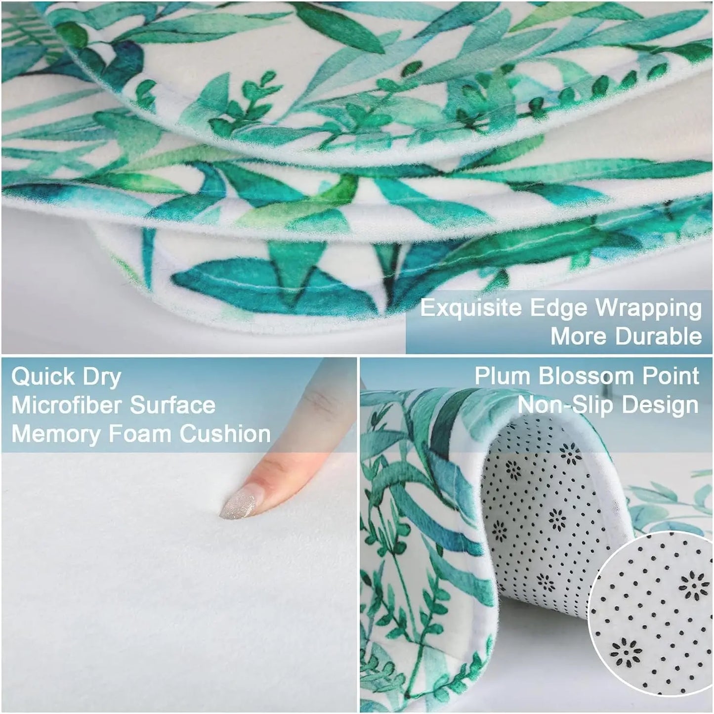 Floral Shower Curtain Set with Non Slip Bathroom Rugs and Toilet Lid Cover, Teal Plant Fabric Shower Curtain with 12 Hooks, Waterproof White and Blue Leaf Nature Rustic Bath Curtain (Green Floral Set)