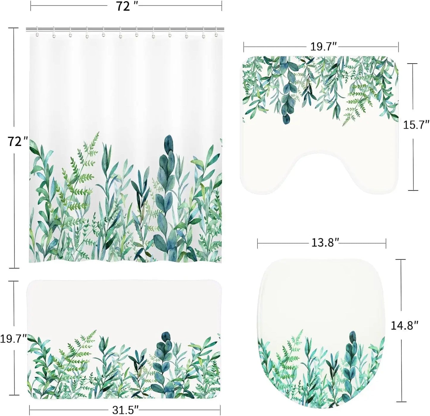 Floral Shower Curtain Set with Non Slip Bathroom Rugs and Toilet Lid Cover, Teal Plant Fabric Shower Curtain with 12 Hooks, Waterproof White and Blue Leaf Nature Rustic Bath Curtain (Green Floral Set)