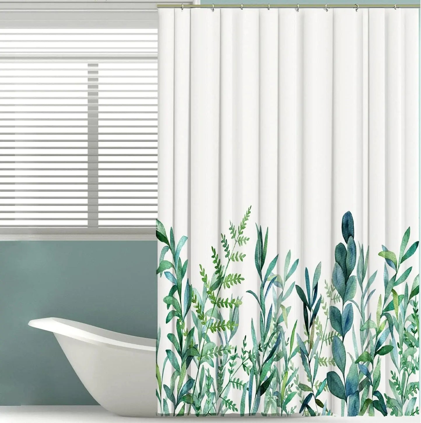 Floral Shower Curtain Set with Non Slip Bathroom Rugs and Toilet Lid Cover, Teal Plant Fabric Shower Curtain with 12 Hooks, Waterproof White and Blue Leaf Nature Rustic Bath Curtain (Green Floral Set)