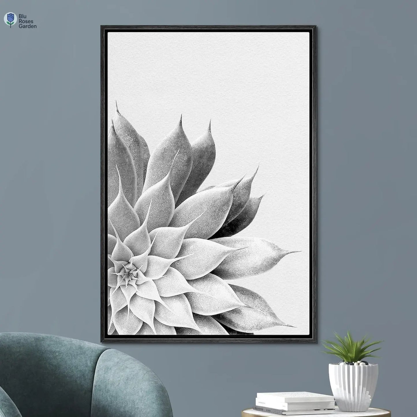 Framed Canvas Print Wall Art Blossoming Spiky Succulent Floral Wilderness Illustrations Modern Art Rustic Relax/Calm Black and White for Living Room, Bedroom, Office - 16"X24" Black
