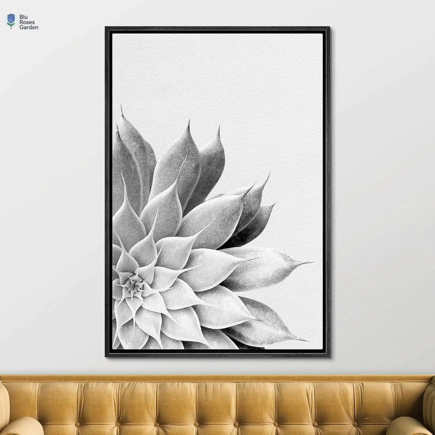 Framed Canvas Print Wall Art Blossoming Spiky Succulent Floral Wilderness Illustrations Modern Art Rustic Relax/Calm Black and White for Living Room, Bedroom, Office - 16"X24" Black