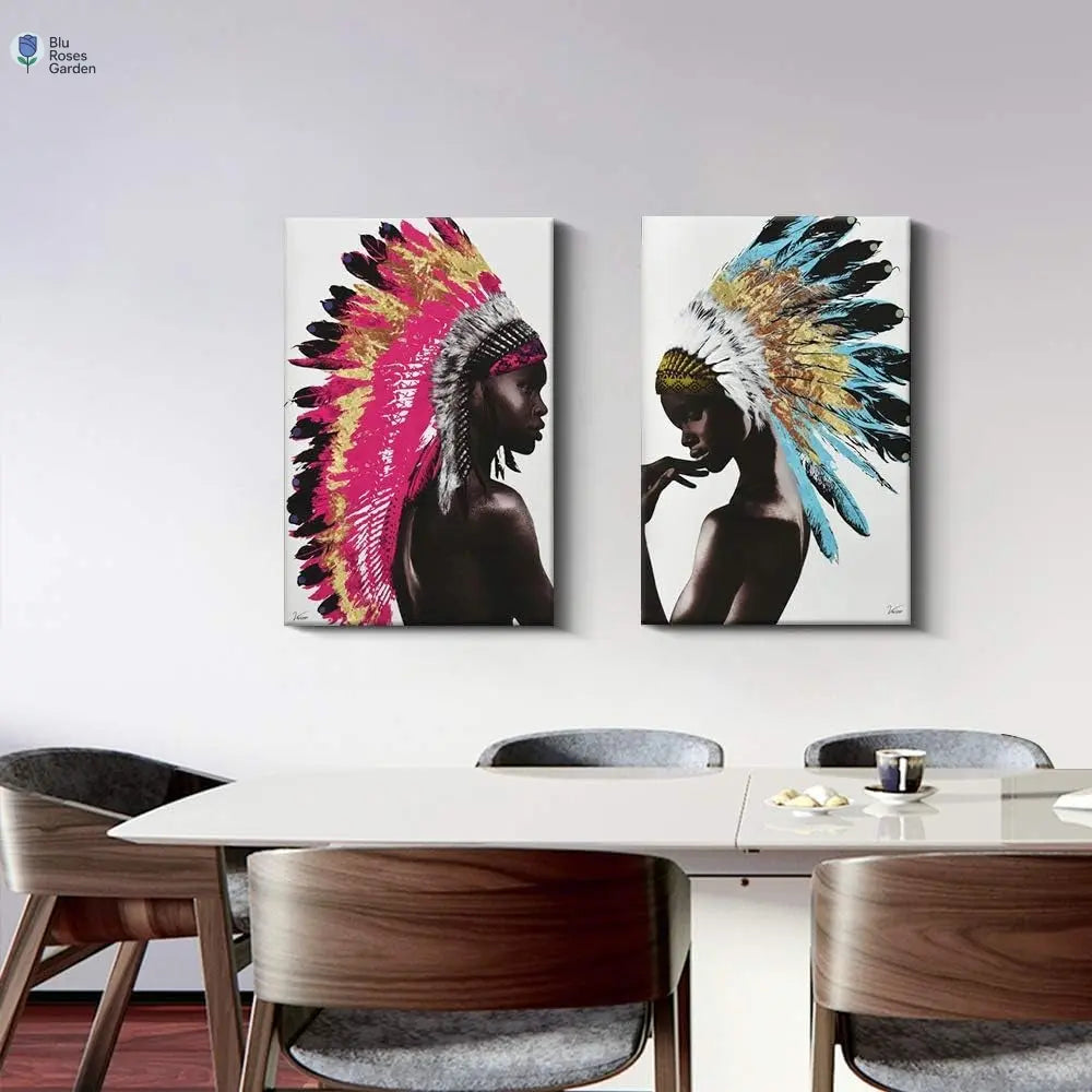 Framed Native American Decor Wall Art Set, Beautiful Feathered African Indian Women Painting on Canvas Print Modern Wall Decorations (16X24 Inch, a and B)