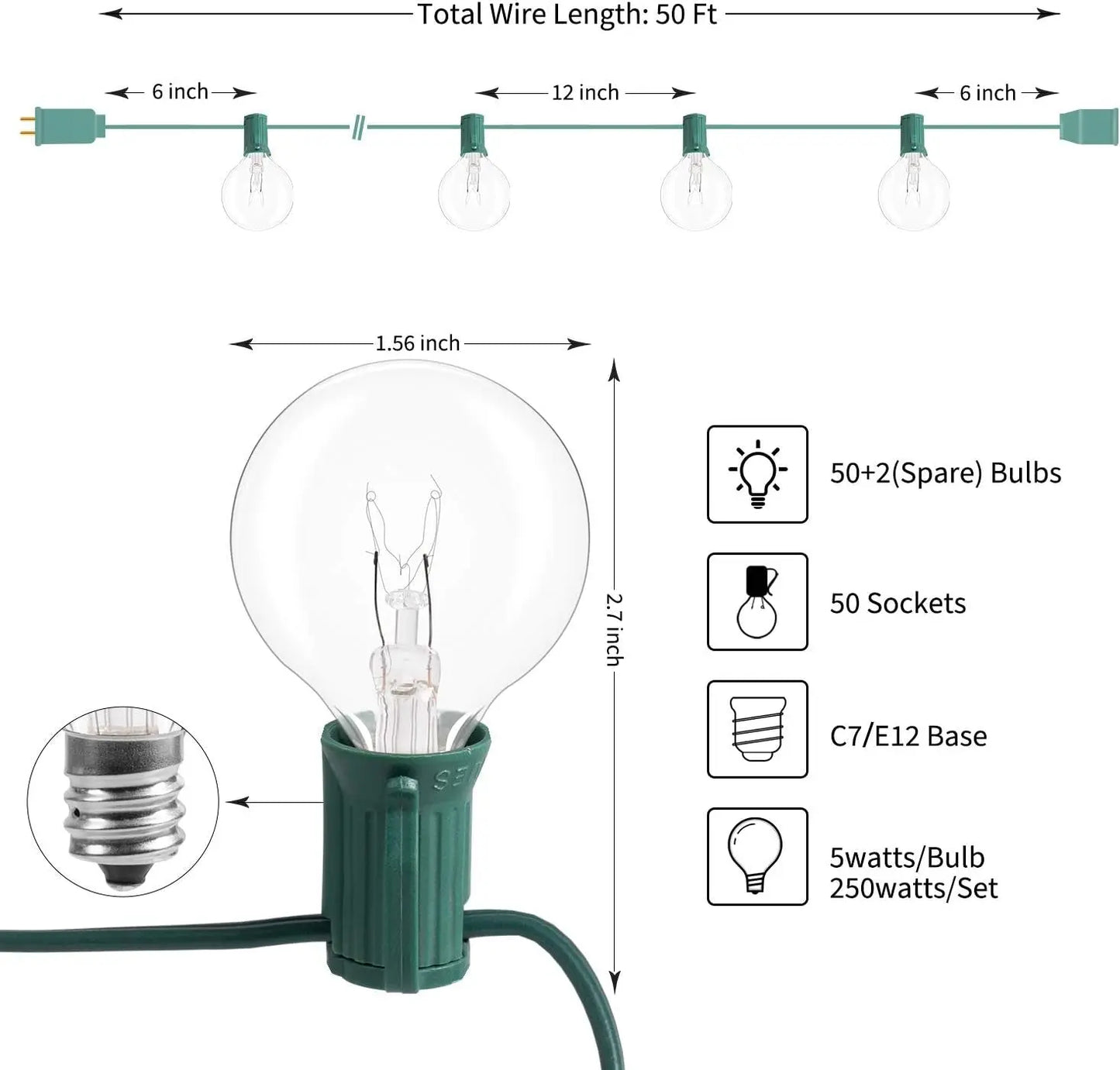 G50 Globe Patio Lights Outdoor, 24Ft. 12 Bulbs Dimmable Connectable Shatterproof LED Patio String Lights Plug in with Umbrella Lampshade for Indoor Outdoor Garden Deck Wedding Decoration (Green)