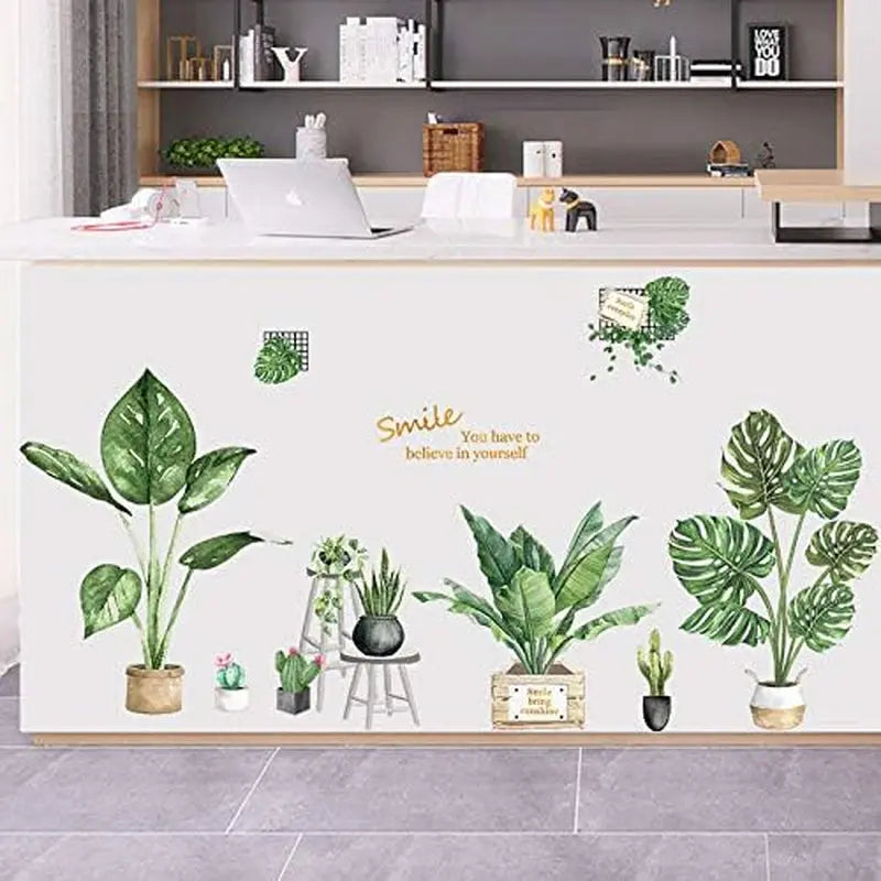 Green Plants Potted Plants Wall Stickers for Living Room,Tropical Plants Green Leaves Bedroom Offices Wall Decals Art Murals Home Decoration