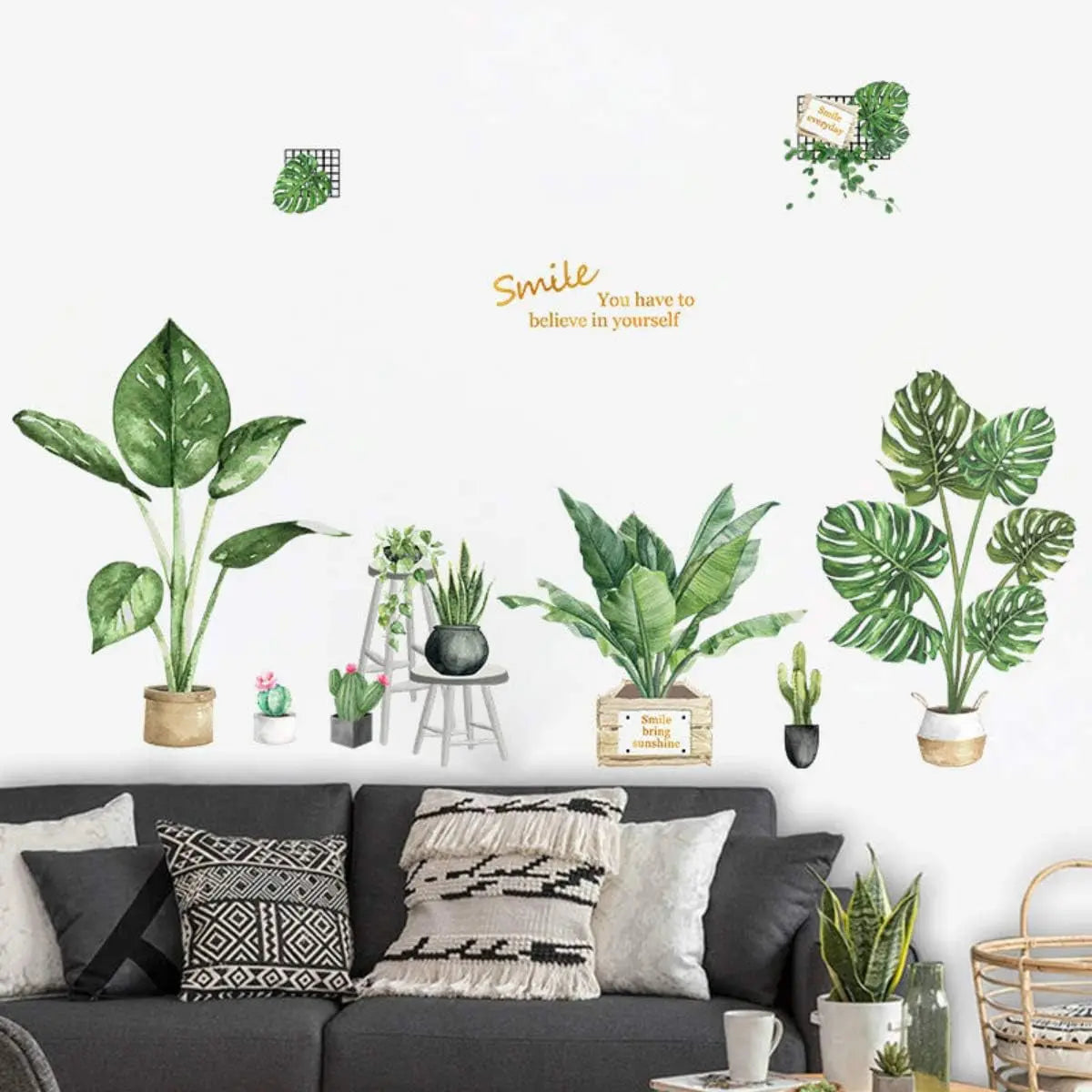 Green Plants Potted Plants Wall Stickers for Living Room,Tropical Plants Green Leaves Bedroom Offices Wall Decals Art Murals Home Decoration