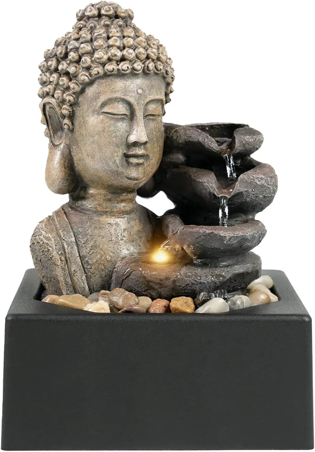 Tabletop Waterfall Fountain Indoor - Buddha Water Fountains 4-Tier Tabletop Waterfall of Zen Meditation Buddha Fountain with LED Warm Light for Office Home and Bedroom Desktop Decor
