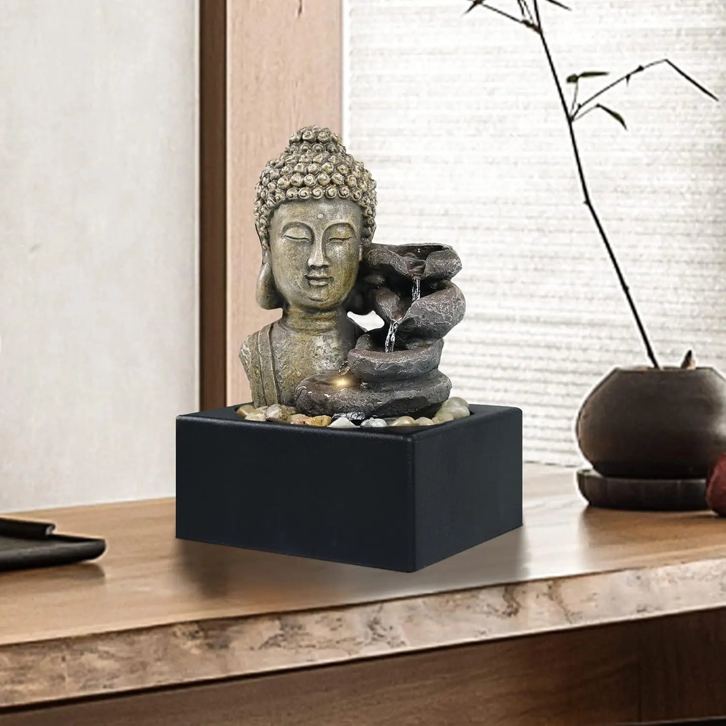 Tabletop Waterfall Fountain Indoor - Buddha Water Fountains 4-Tier Tabletop Waterfall of Zen Meditation Buddha Fountain with LED Warm Light for Office Home and Bedroom Desktop Decor