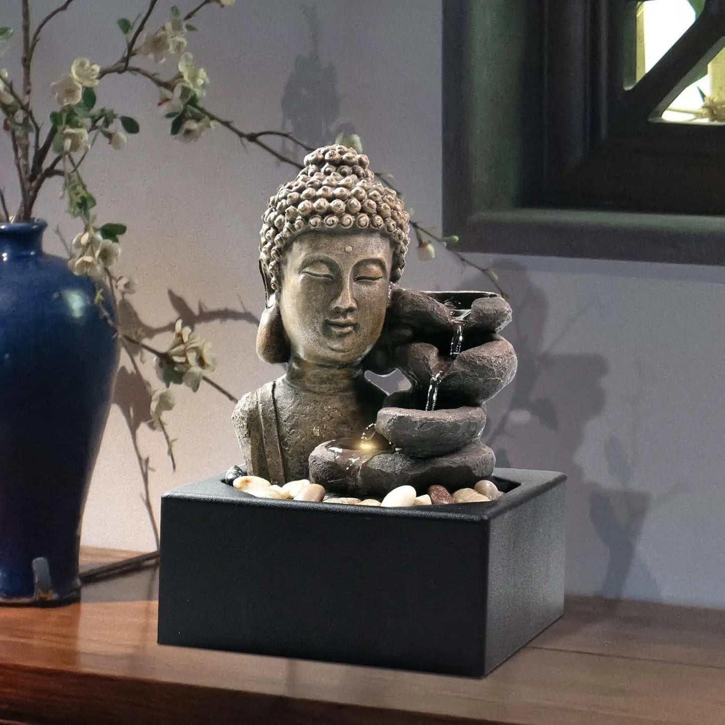 Tabletop Waterfall Fountain Indoor - Buddha Water Fountains 4-Tier Tabletop Waterfall of Zen Meditation Buddha Fountain with LED Warm Light for Office Home and Bedroom Desktop Decor