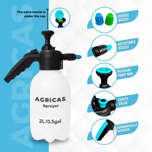 AGRICAS 0.5 Gallon Hand Pump Sprayer, 2L Garden Sprayer, Pressure Weed Sprayer, Handheld Pump Mister, Adjustable Nozzle, Lawn and Garden Care, Watering, Outdoor and Auto - Multi-Purpose - π Blu Rose's Garden LLC π