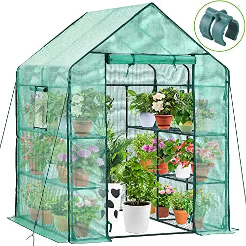 Greenhouse for Outdoors with Screen Windows, Ohuhu Walk in Plant Greenhouses Heavy Duty with Durable PE Cover, 3 Tiers 12 Shelves Stands 4.8x4.8x6.3 FT Plastic Portable Green House with Shelf Clips - π Blu Rose's Garden LLC π