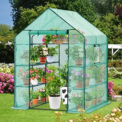 Greenhouse for Outdoors with Screen Windows, Ohuhu Walk in Plant Greenhouses Heavy Duty with Durable PE Cover, 3 Tiers 12 Shelves Stands 4.8x4.8x6.3 FT Plastic Portable Green House with Shelf Clips - π Blu Rose's Garden LLC π