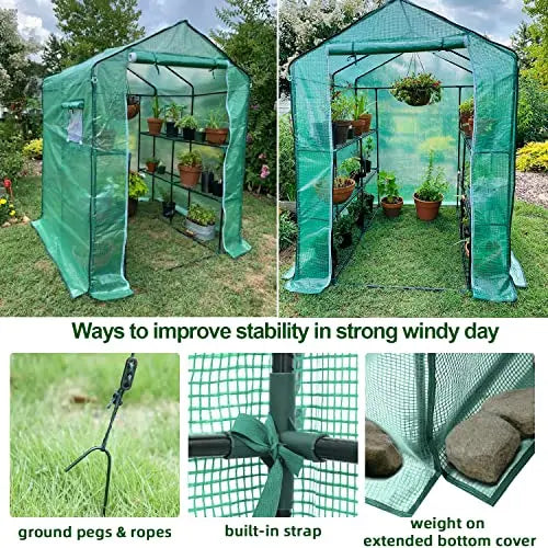 Greenhouse for Outdoors with Screen Windows, Ohuhu Walk in Plant Greenhouses Heavy Duty with Durable PE Cover, 3 Tiers 12 Shelves Stands 4.8x4.8x6.3 FT Plastic Portable Green House with Shelf Clips - π Blu Rose's Garden LLC π