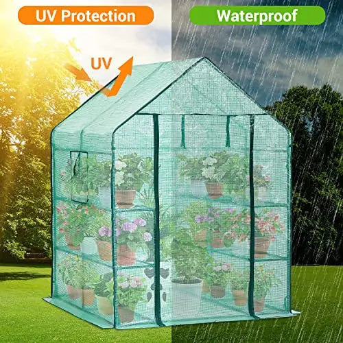 Greenhouse for Outdoors with Screen Windows, Ohuhu Walk in Plant Greenhouses Heavy Duty with Durable PE Cover, 3 Tiers 12 Shelves Stands 4.8x4.8x6.3 FT Plastic Portable Green House with Shelf Clips - π Blu Rose's Garden LLC π