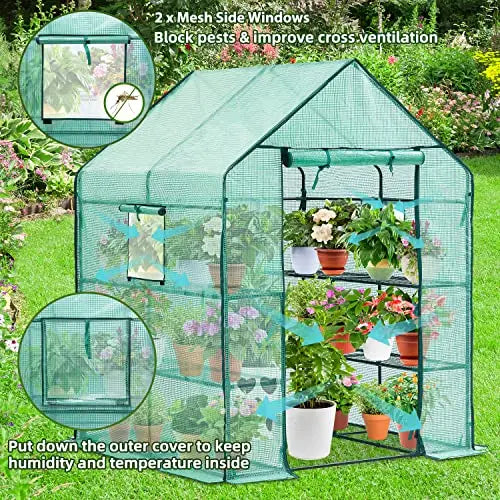 Greenhouse for Outdoors with Screen Windows, Ohuhu Walk in Plant Greenhouses Heavy Duty with Durable PE Cover, 3 Tiers 12 Shelves Stands 4.8x4.8x6.3 FT Plastic Portable Green House with Shelf Clips - π Blu Rose's Garden LLC π