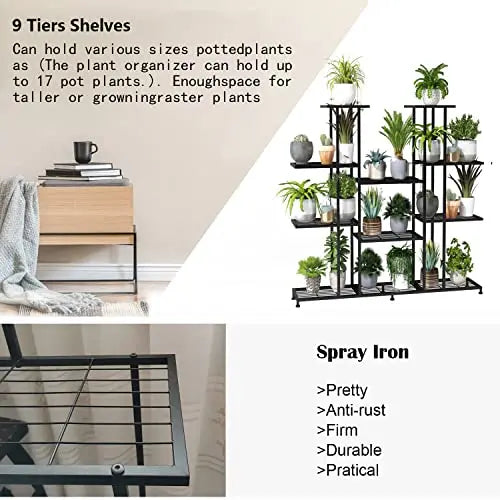 Metal Plant Stand, 9 Tiers Multifunctional Plant Stands for Indoor Plants, Decorative Black Steel Plant Shelf for Indoor Patio Garden Balcony and Yard(9 Tier) - 💙 Blu Rose's Garden LLC 💙