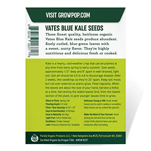 Purely Organic Products Purely Organic Heirloom Kale Seeds (Vates Blue Scotch Curled) - Approx 600 Seeds - π Blu Rose's Garden LLC π