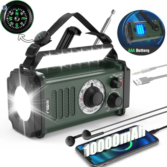 10000Mah Portable Hand Crank Solar Emergency Weather Radio with Noaa/Am/Fm/Type-C USB Charging Radios/Led Reading Light/Sos/Compass for Outdoor Camping/Hiking/Travelling