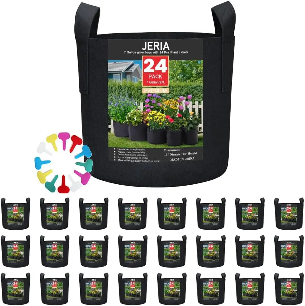 24-Pack 7 Gallon Nonwoven Grow Bags, Plant Grow Bags，Heavy Duty Aeration Fabric Pots with Durable Handles, Come with 24 Pcs Plant Labels
