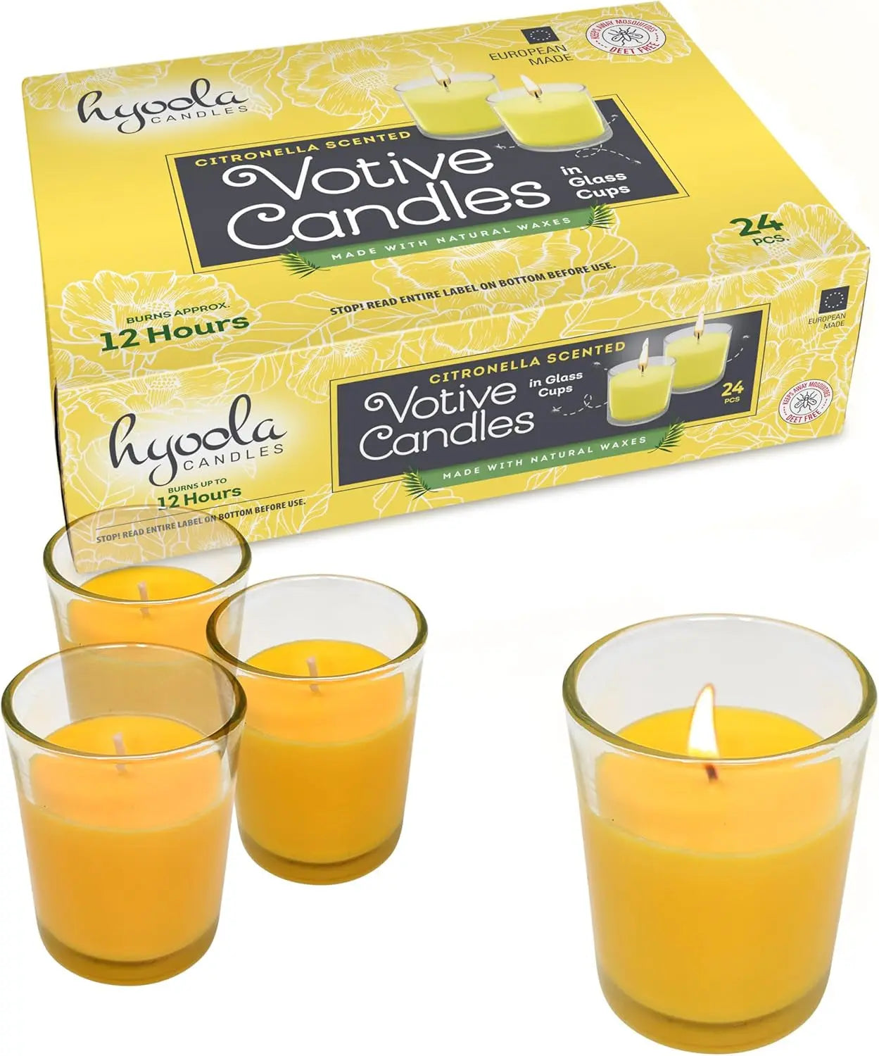 Citronella Candle Votives in Glass Cup, Indoor and Outdoor Decorative and Mosquito, Insect and Bug Repellent Candle, Natural Fresh Scent, 12 Hour Burn Time, Made in Europe (Pack of 24)