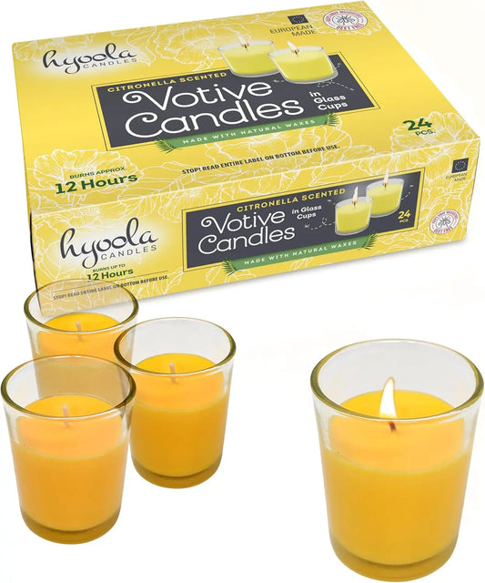 Citronella Candle Votives in Glass Cup, Indoor and Outdoor Decorative and Mosquito, Insect and Bug Repellent Candle, Natural Fresh Scent, 12 Hour Burn Time, Made in Europe (Pack of 24)