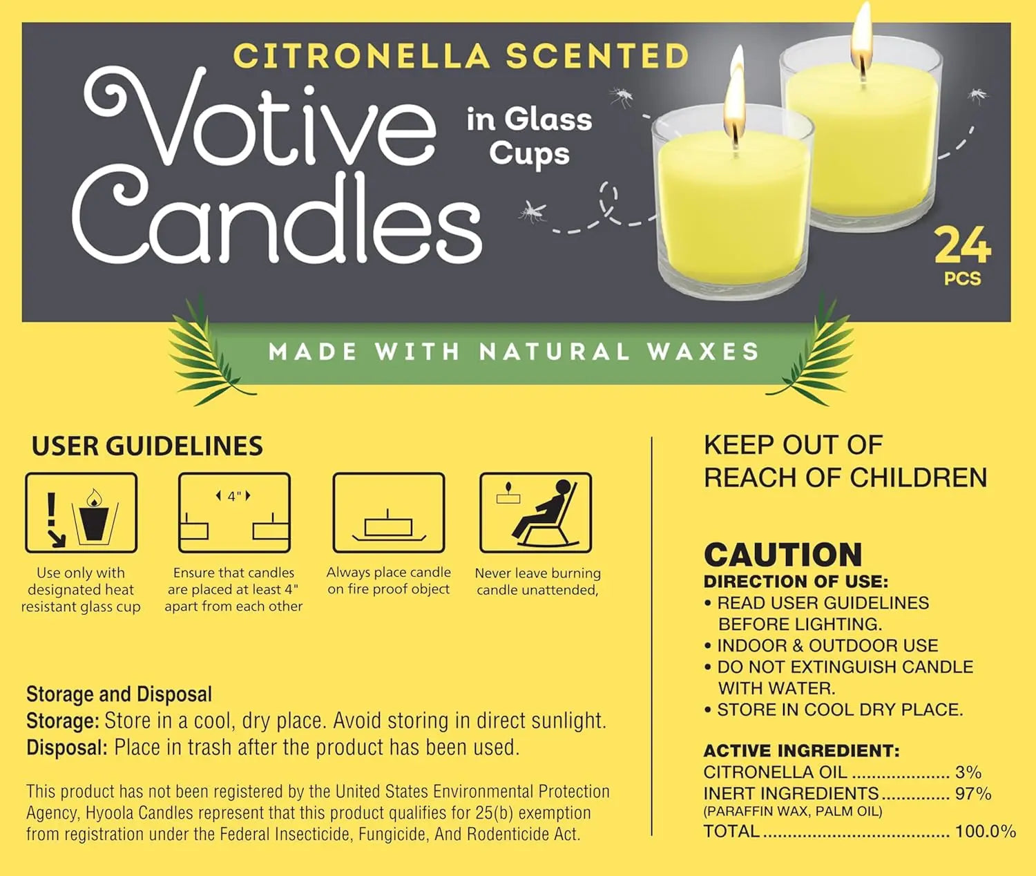 Citronella Candle Votives in Glass Cup, Indoor and Outdoor Decorative and Mosquito, Insect and Bug Repellent Candle, Natural Fresh Scent, 12 Hour Burn Time, Made in Europe (Pack of 24)