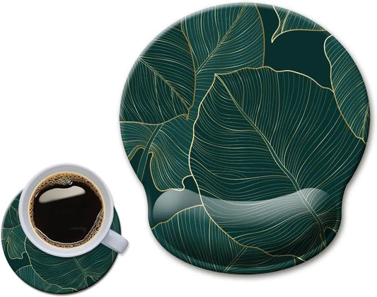 Ergonomic Mouse Pad with Wrist Support Gel, Comfortable Laptop Mouse Pad with Non-Slip Rubber Base, Green Leaves