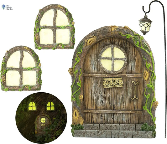 Fairy Door and Windows – Glow in the Dark Yard Art Sculpture Decoration for Kids Room, Wall and Trees Outdoor | Miniature Garden Outdoor Decor Accessories with Bonus Fairy Lantern