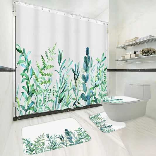 Floral Shower Curtain Set with Non Slip Bathroom Rugs and Toilet Lid Cover, Teal Plant Fabric Shower Curtain with 12 Hooks, Waterproof White and Blue Leaf Nature Rustic Bath Curtain (Green Floral Set)