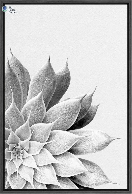 Framed Canvas Print Wall Art Blossoming Spiky Succulent Floral Wilderness Illustrations Modern Art Rustic Relax/Calm Black and White for Living Room, Bedroom, Office - 16"X24" Black