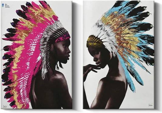 Framed Native American Decor Wall Art Set, Beautiful Feathered African Indian Women Painting on Canvas Print Modern Wall Decorations (16X24 Inch, a and B)