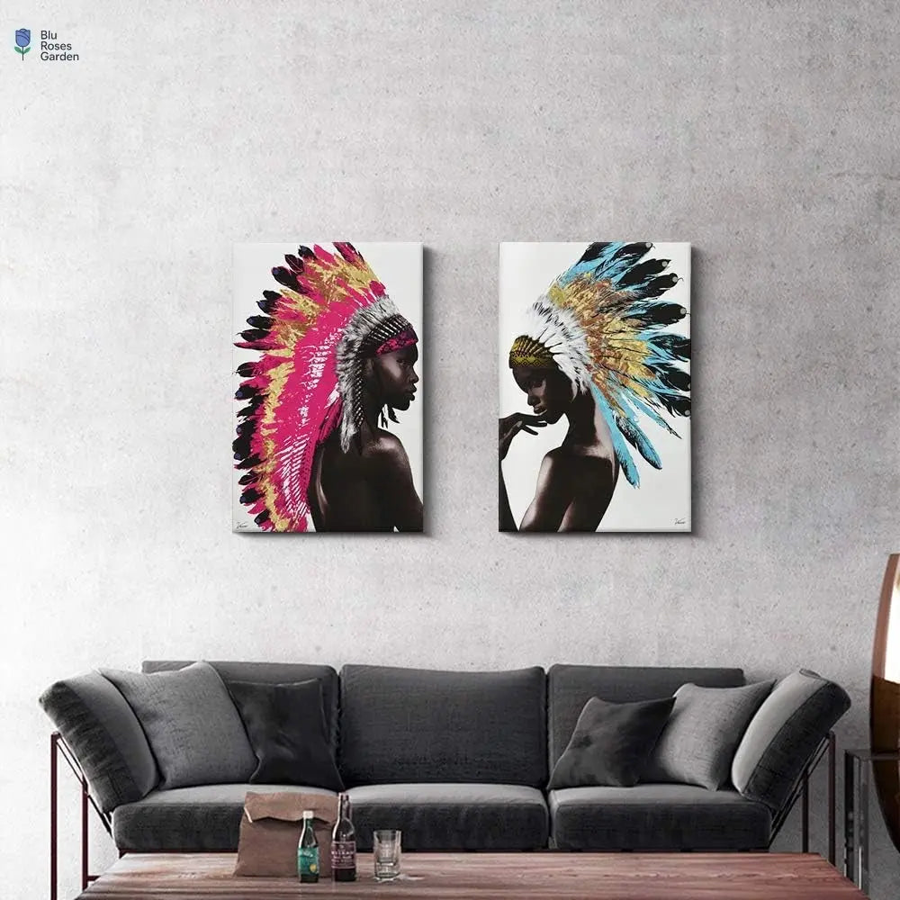 Framed Native American Decor Wall Art Set, Beautiful Feathered African Indian Women Painting on Canvas Print Modern Wall Decorations (16X24 Inch, a and B)