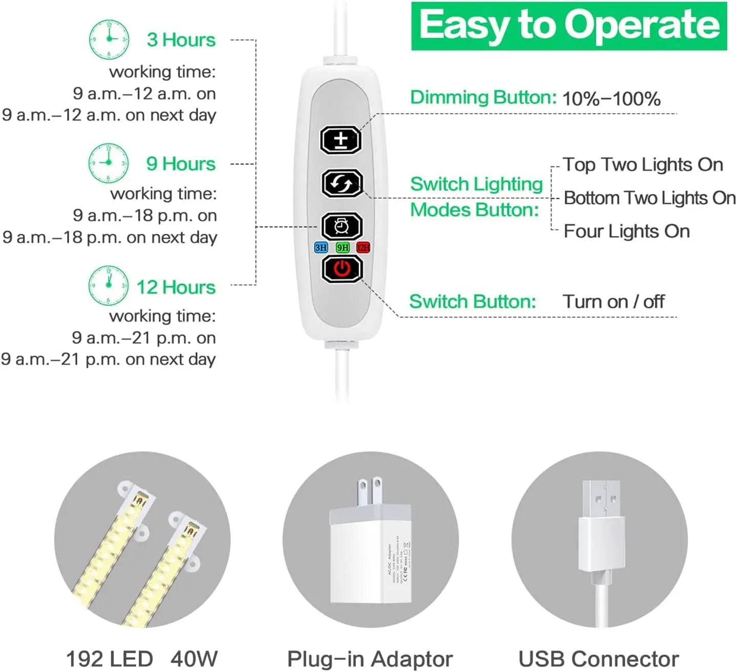 LED Grow Light Strips, Full Spectrum Grow Lights for Indoor Plants with Auto On/Off 3/9/12H Timer, 192 Leds, 10 Dimmable Levels, Sunlike Grow Lamp for Seedling Hydroponics Succulent, Waterproof 4 Pack