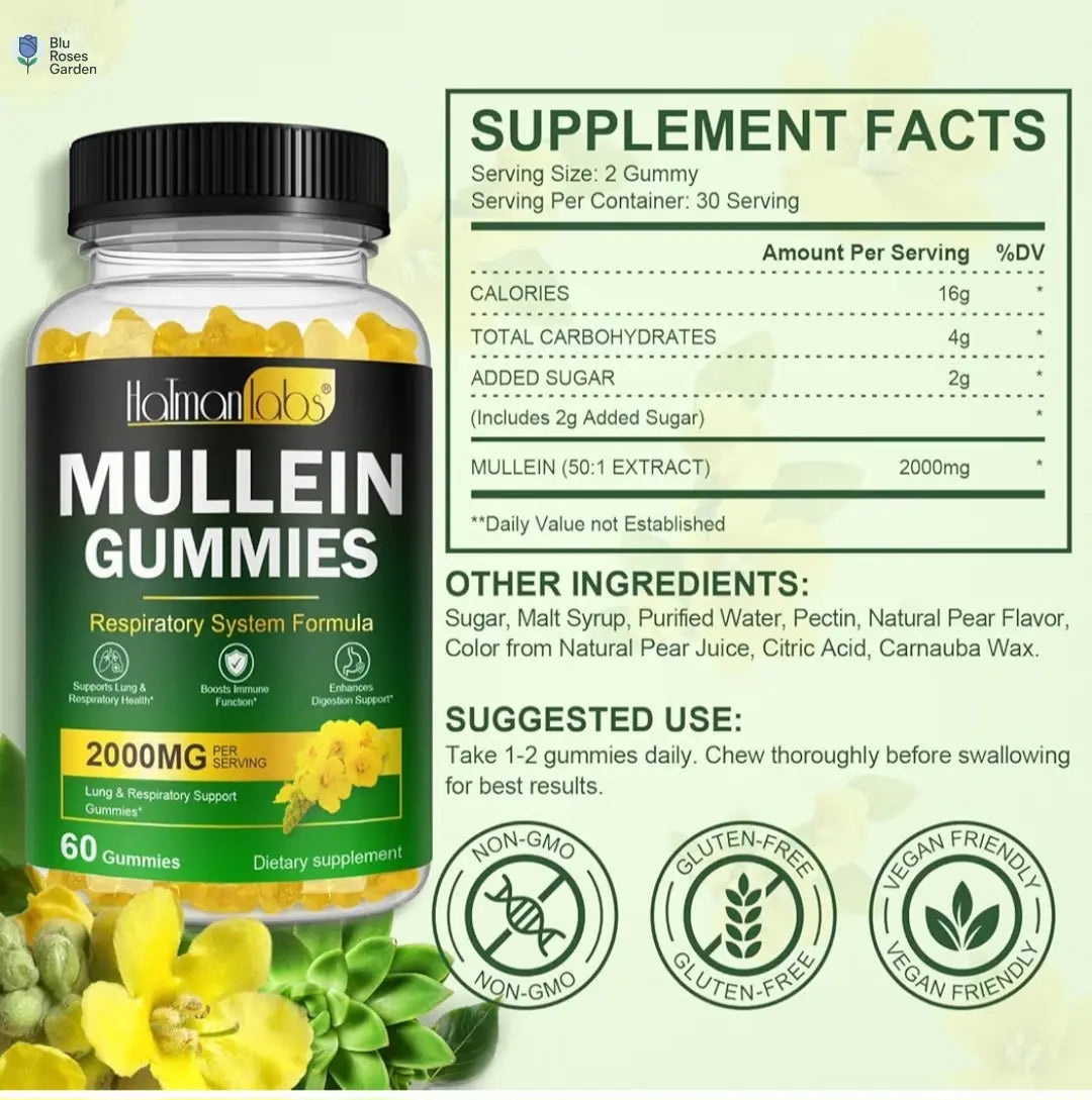 Mullein Gummies - Mullein Leaf Dietary Supplement for Respiratory System, Digestive Support, Immune Booster - Mullein Leaf Extract - 2000Mg, 120 Chewsn 💙 Blu Rose's Garden LLC 💙 💙 Blu Rose's Garden LLC 💙