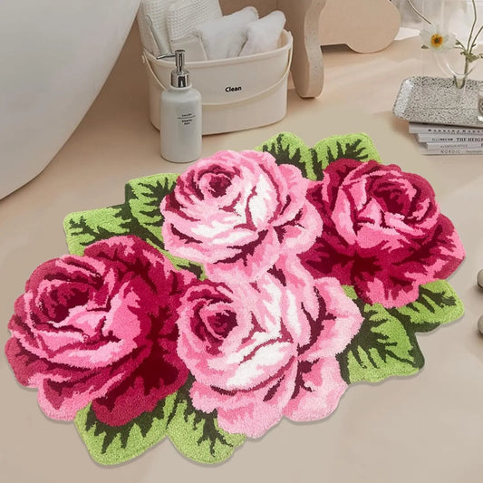 Pink Flower Rug, Non Slip Washable Bathroom Mat, Vintage Pink Bath Mat, Bath Rug Set, Area Rug with Rose for Living Room Bedroom Girls Room Kitchen (2Ftx3.6Ft)