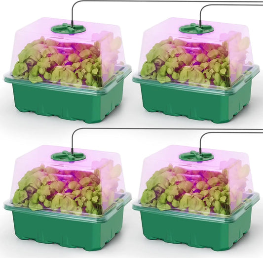 Seed Starter Kit with Grow Light, Seedling Trays Mini Propagator Plant Grow Kit with Humidity Vented Domes and Base for Seeds Starting Greenhouse