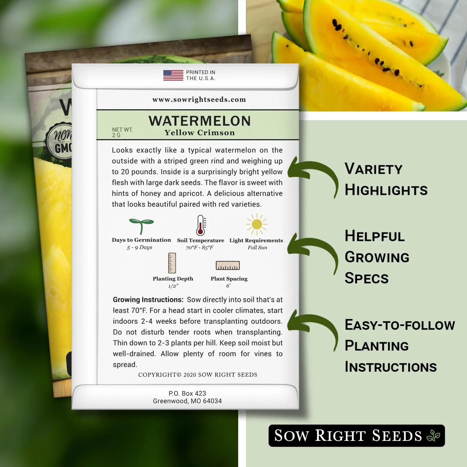Sow Right Seeds - Yellow Crimson Sweet Watermelon Seed for Planting - Non-GMO Heirloom Packet with Instructions to Plant a Home Vegetable Garden - Rare Yellow Flesh Melon with Sweet Flavor (1) Sow Right Seeds