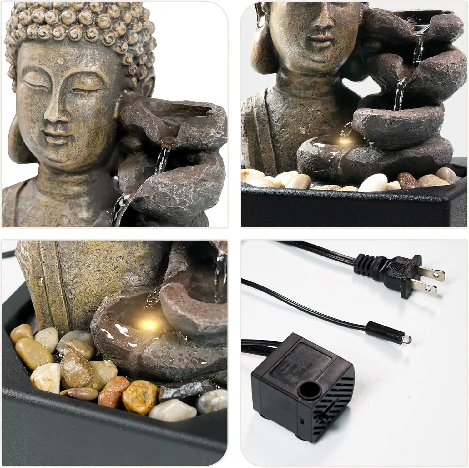 Tabletop Waterfall Fountain Indoor - Buddha Water Fountains 4-Tier Tabletop Waterfall of Zen Meditation Buddha Fountain with LED Warm Light for Office Home and Bedroom Desktop Decor