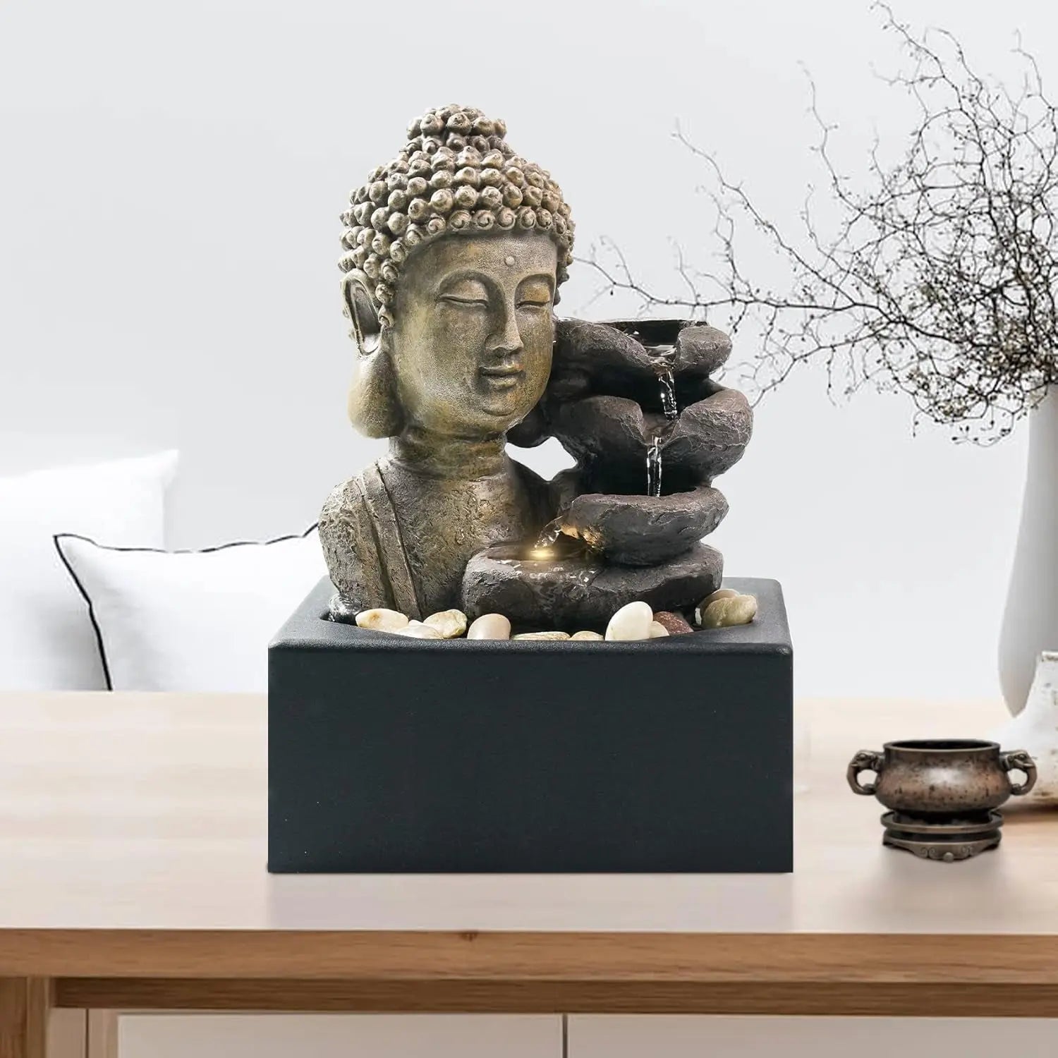Tabletop Waterfall Fountain Indoor - Buddha Water Fountains 4-Tier Tabletop Waterfall of Zen Meditation Buddha Fountain with LED Warm Light for Office Home and Bedroom Desktop Decor