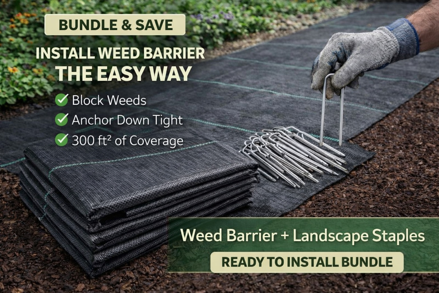 Clean Beds Install Bundle | Heavy-Duty Weed Barrier (6 ft x 50 ft | 3.2 oz | Covers up to 300 sq ft) + Landscape Staples 💙 Blu Rose's Garden LLC 💙 💙 Blu Rose's Garden LLC 💙