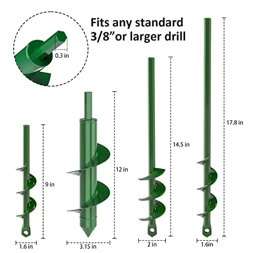 Auger Drill Bit for Planting 4 Pack -1.6x9", 1.6x17.8", 2x14.5" & 3.15x12"- Bulb Flowers Planter Tool, Garden Post Hole Digger, Umbrella Hole Drill Bit, for 3/8” Hex Drive Drill, Plant Rapid Planter - 💙 Blu Rose's Garden LLC 💙