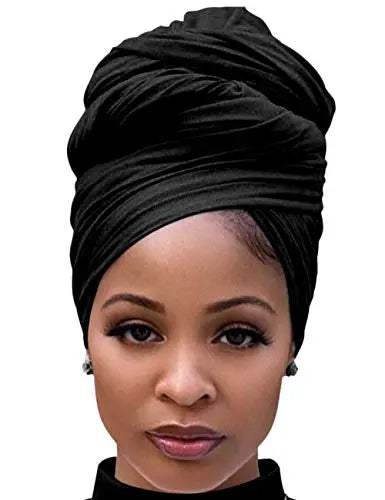 Harewom Black Hair Wrap for Women Long Stretch Jersey Head Scarf Summer Breathable Lightweight Turban Solid Color - 💙 Blu Rose's Garden LLC 💙