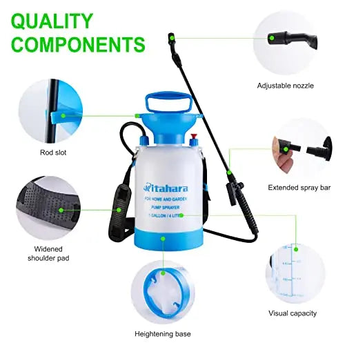 Kitahara 1 Gallon Garden Pump Pressure Sprayer with Pressure Relief Valve, Adjustable Shoulder Strap and Nozzles, for Yard Lawn Weeds Plant Water - 💙 Blu Rose's Garden LLC 💙