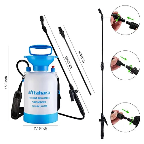 Kitahara 1 Gallon Garden Pump Pressure Sprayer with Pressure Relief Valve, Adjustable Shoulder Strap and Nozzles, for Yard Lawn Weeds Plant Water - 💙 Blu Rose's Garden LLC 💙