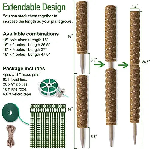 Moss Pole 47.5 Inch, 4 Pack Moss Poles for Climbing Plants, Monstera Coir Totem Pole, 16 Inch Moss Sticks for Indoor Plant Support, Train Pothos Creepers Potted Plants Grow Upwards, with Garden Ties - 💙 Blu Rose's Garden LLC 💙