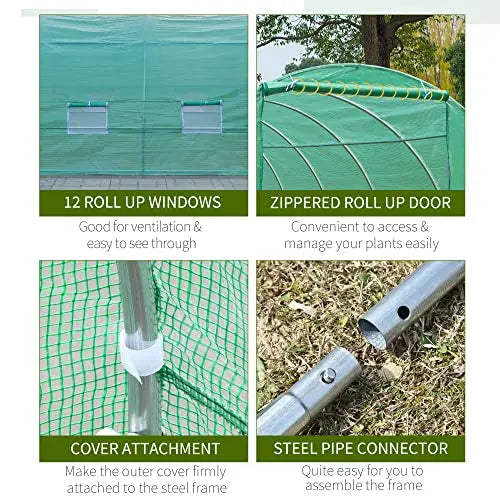 Outsunny 26.2' x 9.8' x 6.6' Outdoor Walk-in Tunnel Greenhouse with Roll-up Windows & Zippered Door, Steel Frame, & PE Cover - 💙 Blu Rose's Garden LLC 💙
